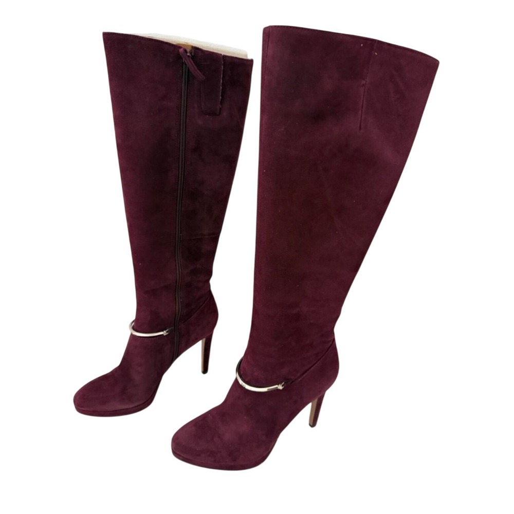 Nine West Burgundy Maroon Suede Knee High Stiletto Boots Gold Hardware 8M